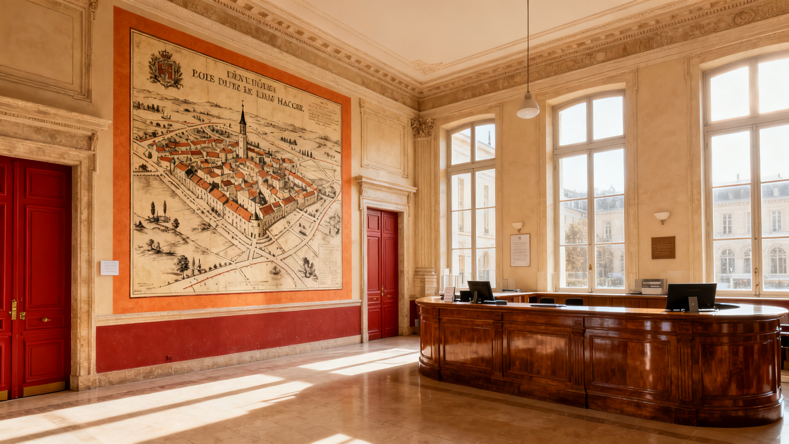 Hall d'accueil de mairie — cartographie historique sépia — détail